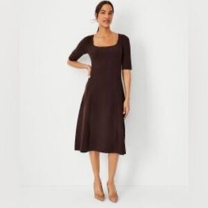 Ann Taylor Chocolate brown Midi Short Sleeve Square Neck Sweater Dress